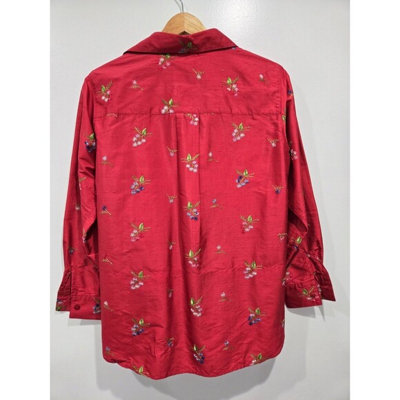 Vtg Neiman Marcus Top Women Red Button Up Shirt Silk Floral Embroidered Small - Picture 6 of 9